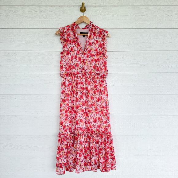 Laundry By Shelli Segal Floral Print Sleeveless Ruffles Casual Maxi Dress Red 10 - Picture 2 of 10